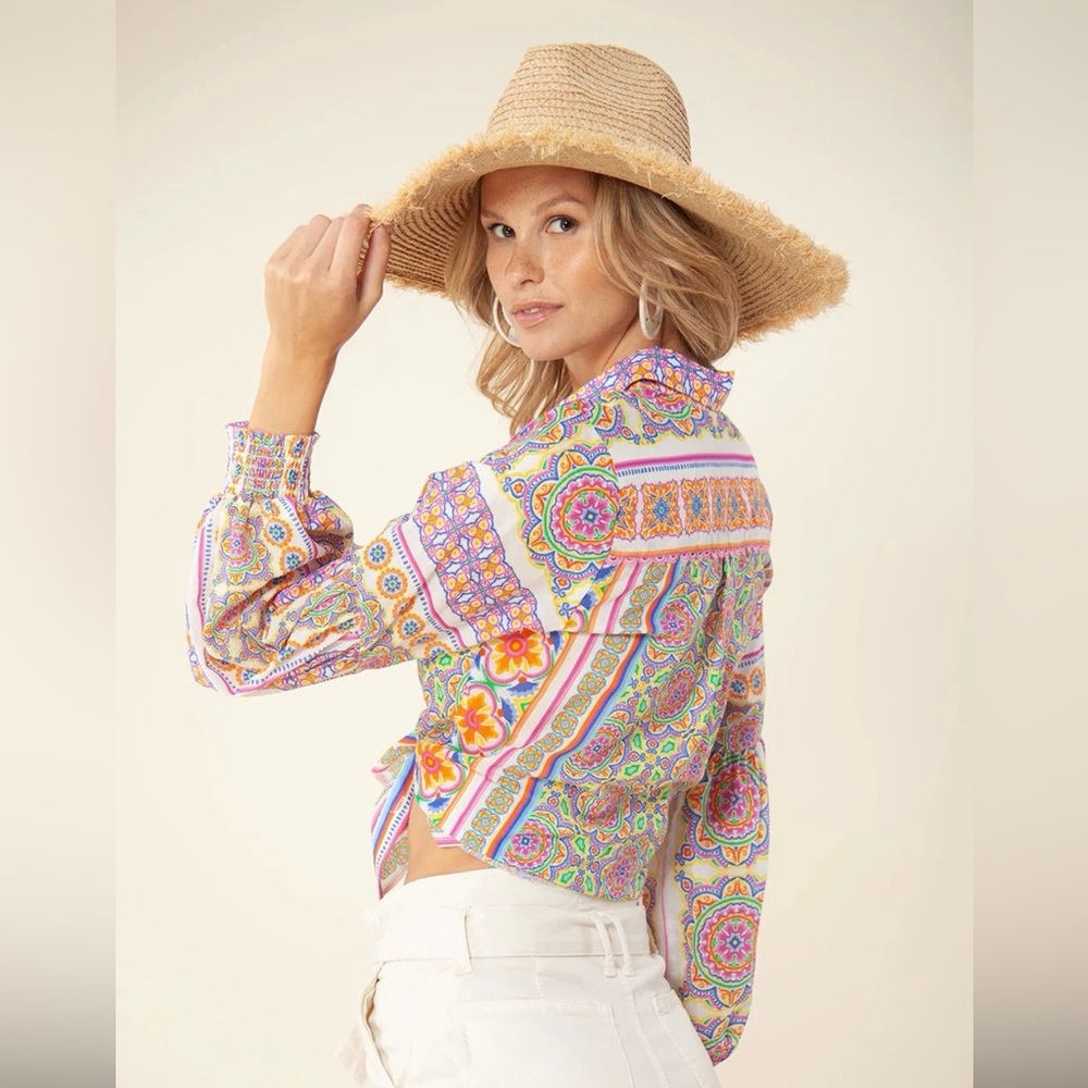 Hale Bob Trinia Medallion Print Cotton Button Front Blouse Bishop Sleeves Size S - Picture 13 of 13